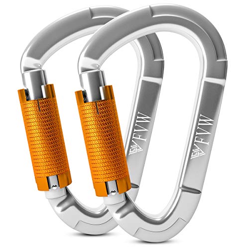 FVW Auto Locking Rock Climbing Carabiner Clips, UIAA Certified Professional 25KN (5620 lbs) Heavy Duty Caribeaners for Rappelling Swing Rescue & Gym etc, Large Carabiners, D-Shaped (silver-2pcs)