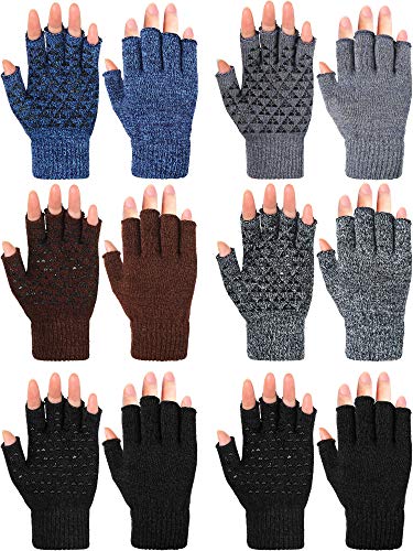6 Pairs Winter Half Fingerless Knit Gloves Stretchy Anti-Slip Gloves Warm Texting Mittens for Men Women (Black, Navy Blue, Dark Grey, Light Grey, Coffee,Medium)
