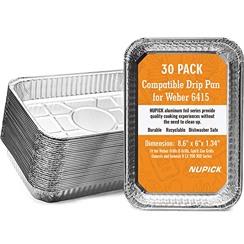 NUPICK 30 Pack 6415 Drip Pans Compatible for Weber Spirit Series, Genesis Series, Q Series Grills, Disposable Aluminum Foil Grease Trays, 8.5' x 6'