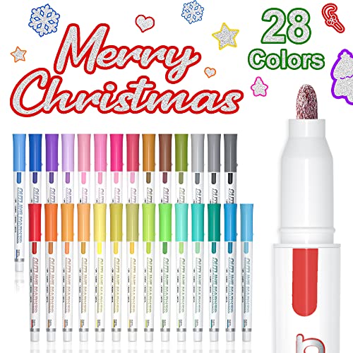 Shuttle Art Double Line Outline Markers, 28 Colors Squiggles Shimmer Markers Set, Self Outline Metallic Marker Pens for Art, Drawing, Doodling, Card Making, Christmas Greeting Card, DIY Crafts