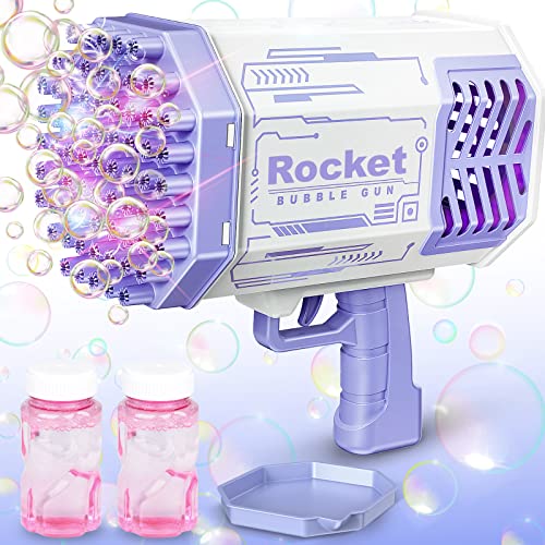Upgraded Purple Bubble Gun 69 Holes Bubble Machine Gun for Kids Adults, Bubble Maker with Lights, Bubble Solution, Big Rocket Boom Bubble Blower for Wedding Birthday Party Best Gifts