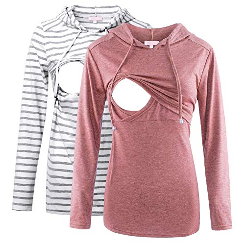 Bhome 2pcs Nursing Shirt Long Sleeves Hoodie Breastfeeding Top Sweatshirt Grey Stripe/Rose Red M