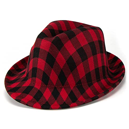 Red-Black Plaid Fedora Hat for Womens&Men,Classic Red Checkered Manhattan Trilby Lady Short Brim Panama Jazz Hats