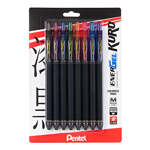 Pentel EnerGel Kuro Liquid Gel Pen, (0.7mm), Medium line, Assorted Ink, Pack of 8 (BL437R1BP8M)