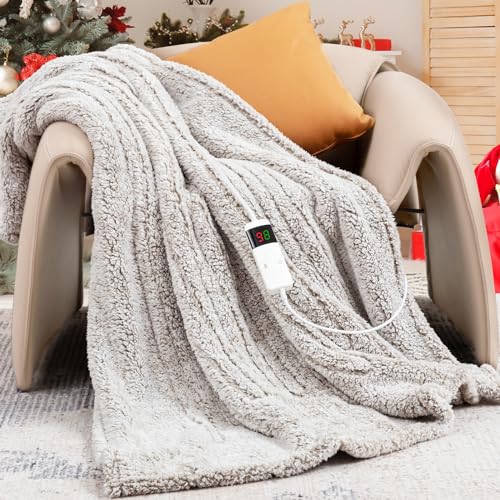 RUJIPO Heated Blanket Sherpa Electric Throw, 50x60 Inches Electric Blanket, 10 Heating Levels & 5 Options Auto Off & 5 min Fast Heating Blanket, Heated Lap Warming Blanket for Office Home (Grey)