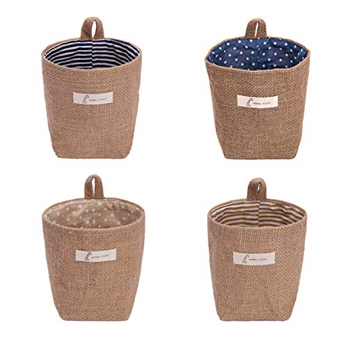 sansheng 4 Pack Wall-Hanging Storage Bags Cotton Linen Storage Basket Foldable Basket Family Organizer Box Decorative Bag (Color as Shown)