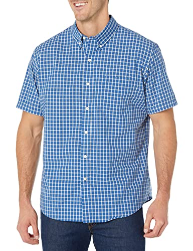 ARROW USA 1851 Men's Hamilton Poplins Short Sleeve Button Down Plaid Shirt, Blue Azalia, X-Large