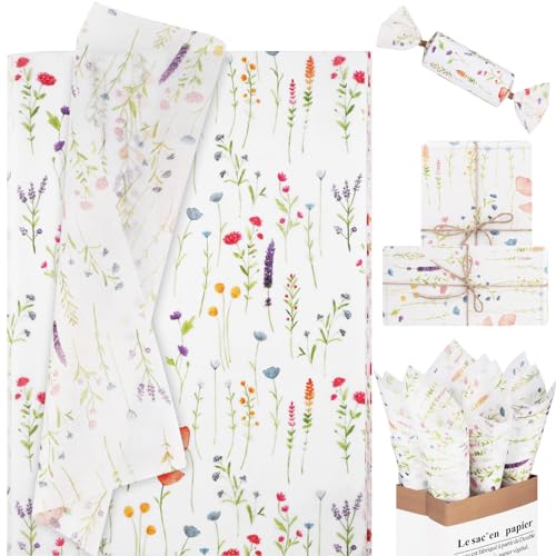 100 Sheets Purple Lavender Tissue Paper, 20x14 Inches, Wildflower Wrapping Tissue Paper Red Poppy Printed Art Decorative Tissue for Spring Wedding Gift Wrapping Supplies