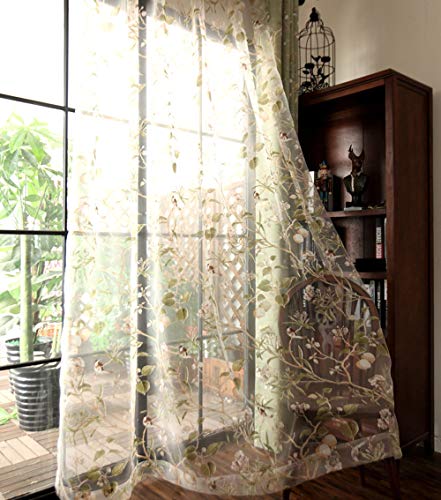pureaqu Rod Pocket Window Sheer Panels Floral and Birds Design Door Curtain Sheer Voile Drapes for Living Room Countryside Rustic Vintage Curtain Tulle for Bedroom 1 Panel W52 x H84 inch