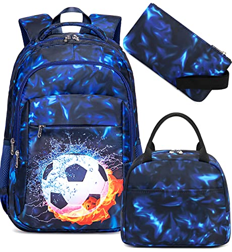 LEDAOU Backpack for Kids Boys School Bags Teen Bookbags Set School Backpack with Lunch Box and Pencil Case (Soccer Ball)