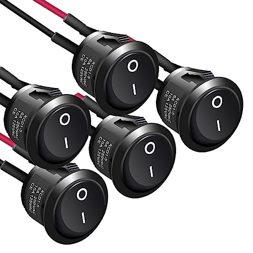 APIELE 5Pcs Rocker Switch ON Off KCD1 Mini Round Toggle Switch SPST 2Pin Snap-in Design Car Boat Automotive with Wires Pre-Wired AC 6A/250V 10A/125V 12VDC