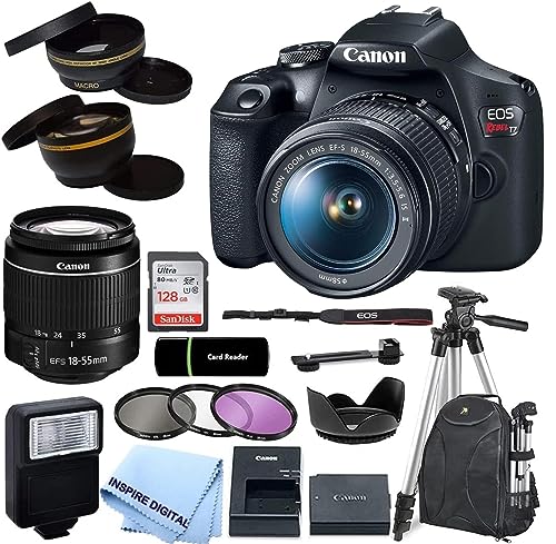 Canon EOS Rebel T7 DSLR Camera with EF-S 18-55mm Zoom Lens + SanDisk 128GB Memory Card + Tripod + Case + Wideangle Lenses + Inspire Digital Cloth (20pc Bundle), Black (Renewed)