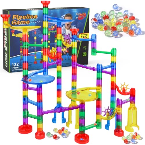 Gifts2U Marble Run Sets Kids, 122 PCS Marble Race Track Game 90 Translucent Marbulous Pieces + 32 Glass Marbles, STEM Marble Maze Building Blocks Kids 4+ Year Old
