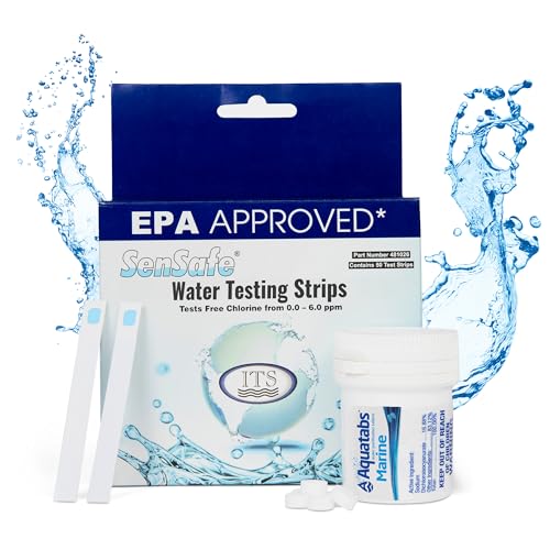 Aquatabs Marine - Boat Drinking Water Essentials Kit - 100 Water Purification Tablets + 50 Water Chlorine Test Strips - Maintain Clean, Safe Drinking Water Onboard