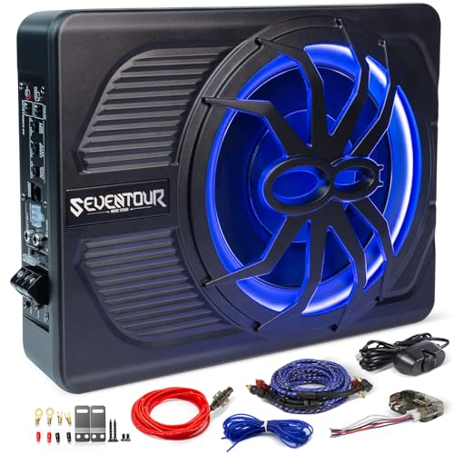 Seventour 10' 800W Slim Under Seat Powered Car Subwoofer, Car/Truck Audio Sub built in Amplifier, New Upgrade with Blue LED Ambient Light