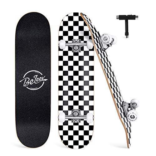 BELEEV Skateboards for Beginners, 31 Inch Complete Skateboard for Kids Teens Adults, 7 Layer Canadian Maple Double Kick Deck Concave Cruiser Trick Skateboard (Black White)