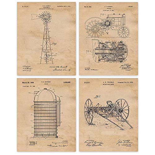 Vintage Farming Patent Prints, 4 (8x10) Unframed Photos, Wall Art Decor Gifts Under Home Office Tools Garage Shop Teacher Student Coach Rancher Farmer Gardener Country Cowboys Mountain Nature Aggies