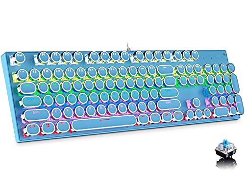 Ltvystore Typewriter Style Mechanical Gaming Keyboard, Blue Retro Punk Gaming Keyboard with 9 True RGB Backlight Modes, 104 Keys Blue Switch Wired Cute Keyboard, Round Keycaps for Windows/Mac/PC