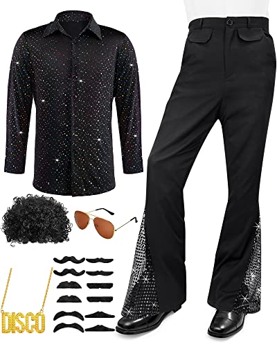 Mepase 70s Disco Outfit Costume Bell Bottom Pants Shirts Wigs Necklace Mustache Sunglasses (Glitter Sequin,Large)