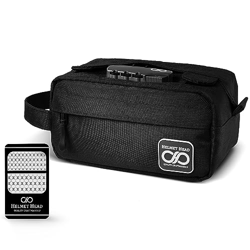 HELMET HEAD Smell Proof Bag, Water Repellent Stash Box, Compact Travel Bag with Combination Lock and Grinder Card For Your Mason Jars, Mylar Bags and Herbs (Black)