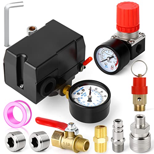 MEANLIN MEASURE Air Compressor Pressure Switch Control Valve 95-125 PSI 110V-240V 4-way Replacement Parts With 0-180 Psi Air Compressor Regulator and Safety Pressure Relief Valve