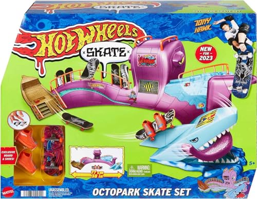 Hot Wheels Skate Octopus Skatepark Playset with Tony Hawk Fingerboard & Pair of Removable Skate Shoes, Includes Storage