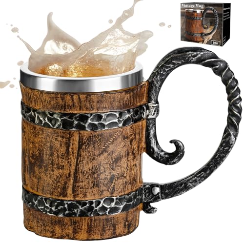 PARACITY Viking Beer Mug, Beer Stein Tankard with Handle, Stainless Steel Viking Mugs 20OZ, Coffee Mug for Bar, Wooden Viking Beer Cup/Mugs for Men, Viking Accessories for Home