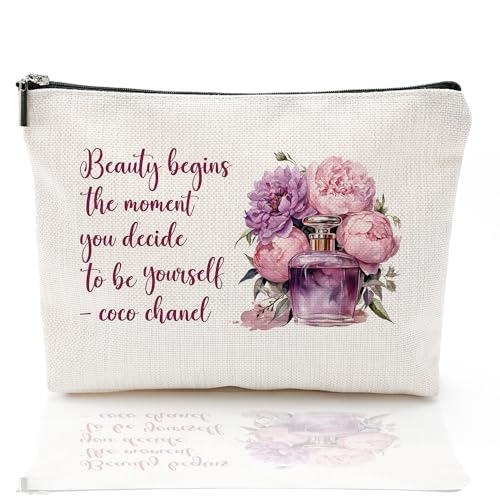 Coco Chanel Quotes Makeup Bag,Fashion Gift for Gilrs, Perfume Flower Beauty Begins The Moment You Decide To Be Yourself- Cosmetic Bag Waterproof Linen Toiletry Beauty Bag Travel Accessories Pouch