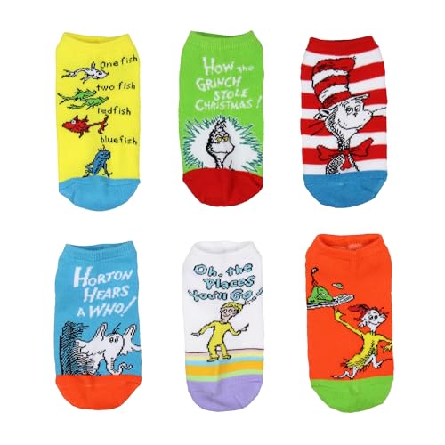 Bioworld Dr. Seuss Socks Kids Book Character Designs Mix n' Match Youth Low Cut Ankle Socks 6 Pack For Girls And Boys