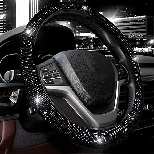 Valleycomfy Steering Wheel Cover for Women Men Bling Bling Crystal Diamond Sparkling Car SUV Wheel Protector Universal Fit 15 Inch (Black with Black Diamond, Standard Size(14' 1/2-15' 1/4))
