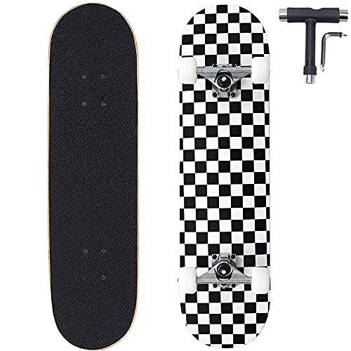 ANNEE 31x8 Inch Pro Skateboard Complete,7 Layer Canadian Maple Wood Double Kick Concave Skate Boards, Tricks Skateboards for Youths,Beginners,Girls,Boys,Kids,Teens,Adults (Black, White)