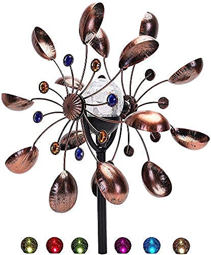 NUENUN Wind Spinner Outdoor Metal - Multi-Color Seasonal LED Lighting Solar Powered Glass Ball with Kinetic Wind Spinner Dual Direction for Patio Lawn & Garden