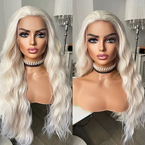 Meinod 13 * 3.5 Long Wavy White Blonde Synthetic Lace Wigs For Women Loose Curly Platinum Blonde Cosplay Lace Front Wigs Free Part Glueless Pre Plucked Hairline Drag Queen