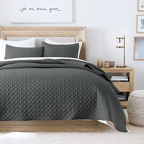 HORIMOTE HOME Quilt Set Queen Size, Dark Grey Bedspread with Clouds Pattern, Soft Coverlet Set Lightweight Microfiber Quilted Bedspread for All Season, Includes 1 Quilt and 2 Pillow Shams