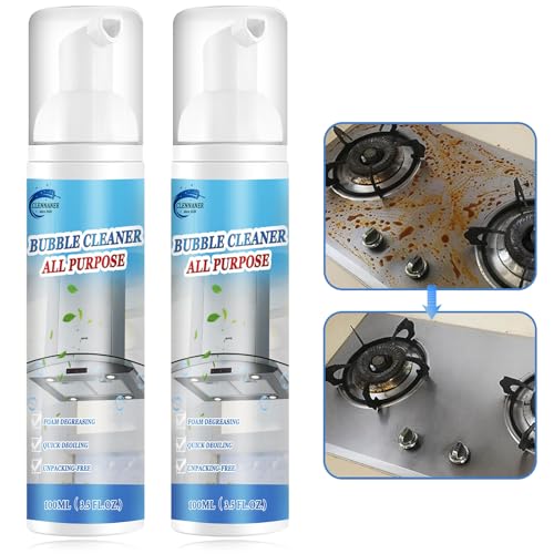 Kitchen Cleaner Spray, 2 Pack Degreaser Heavy Duty, Bubble Cleaner Foam Spray Removes Grease, All purpose Cleaning Spray for Range Hoods, Countertops, Ovens, Pots, Grill, Sinks, and Appliances