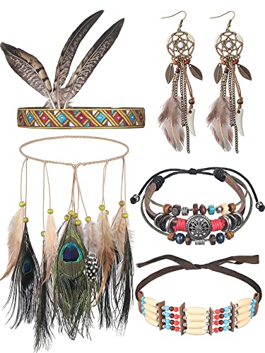 5 Pieces Style Jewelry Set Includes Feather Headdress Faux Peacock Feather Hair Band Boho Dream Catcher Dangle Earrings Choker Necklace Bracelet for Women Girls catcher tassel
