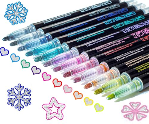 Shimmer Markers Outline Double Line: 12 Colors Metallic Glitter Pens Set Super Squiggles Sparkle Kid Age 4 8 10 Gift Cool Fun Fancy Self Sparkly Doodle Drawing Supplies Art Craft Girl Stocking Stuffer