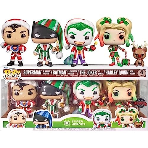 Funko Pop! DC Comics Christmas 4 Pack Special Edition Exclusive Vinyl Figures - Superman in Holiday Sweater, Batman as Ebenezer Scrooge, The Joker as Santa, Harley Quinn with Helper
