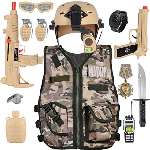 Kids Army Military Combat Soldier Costume Halloween Party Role Play Dress up Birthday Gift Set includes Camouflage Vest, Helmet, and Toy Accessories for 3-8 Years Old Toddlers Boys Girls