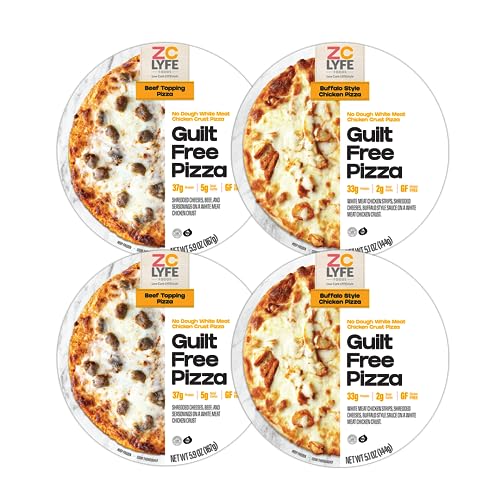 JYCONVSTO97 4 Pack Frozen Gluten-Free Chicken Crusted Pizzas –Variety Pack with 2 Beef & 2 Chicken Toppings Persoanl Pizza –7.5' Keto-Friendly Protein-Packed Delight (37g Beef & 33g Chicken)._AB