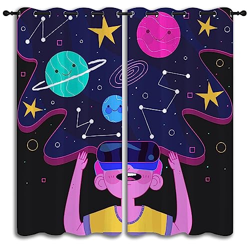 VR Video Game Gamepad Grommet Blackout Curtains for Boy Girl Bedroom, Gaming Gamer Glasses Controller and Stars and Planets Light Filtering Window Drapes for Living Room Darkening, 63x63 inch