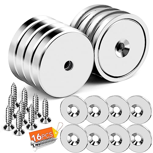 DIYMAG Neodymium Round Base Cup Magnet,110LBS Strong Rare Earth Magnets with Heavy Duty Countersunk Hole,Stainless Screws,Iron Sheet for Refrigerator Magnets,Office,etc-Dia 1.26 inch-Pack of 8