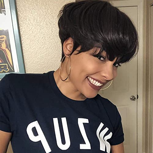 Tereshar Pixie Cut Wig for Black Women Short Layered Straight Wig with Bangs Heat Resistant Synthetic Wig for Daily Use(1B)