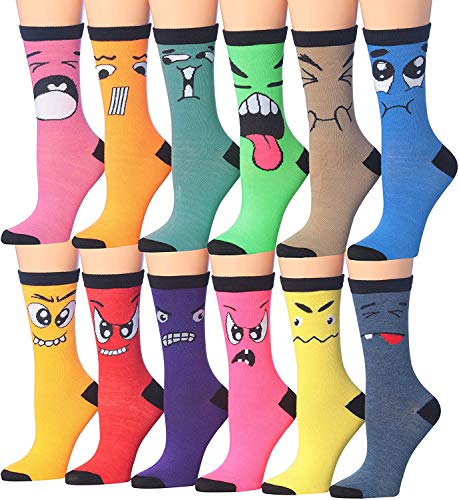 Tipi Toe Women's 12 Pairs Lightweight Colorful Funny Crazy Face Patterned Crew Socks, WC82-T1