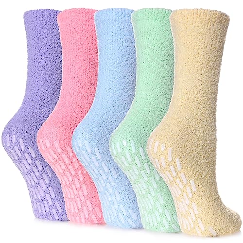 Yebing Non Slip Hospital Socks for Women with Grips Fuzzy Cozy Anti Skid Slipper Socks Winter Warm Soft Fluffy Sleep Socks 5 Pairs Non Slip Rainbow A