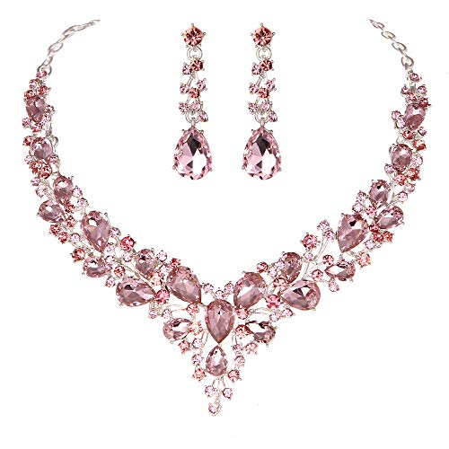 Molie Bridal Austrian Crystal Necklace and Earrings Jewelry Set Gifts fit with Wedding Dress (Light Pink)