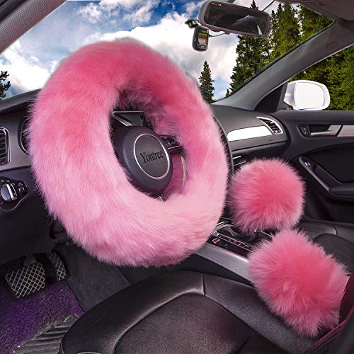 Yontree Cute Fluffy Steering Wheel Covers for Women/Girls/Ladies Australia Pure Wool 15 Inch1 Set 3 Pcs (Pink)