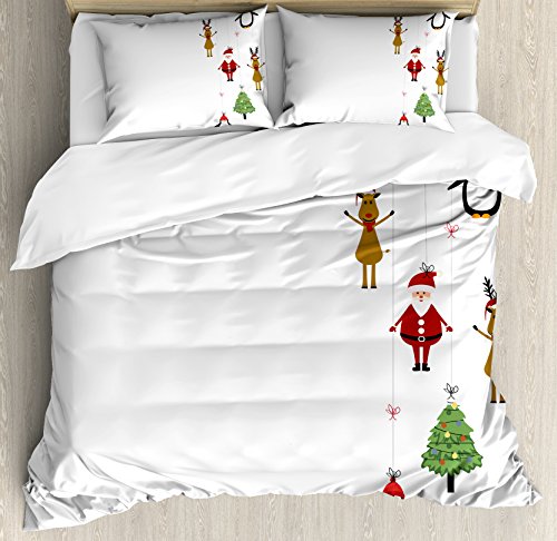 Ambesonne Christmas Duvet Cover Set, Reindeers Santa Claus Penguins and Xmas Tree Stripes Design, Decorative 3 Piece Bedding Set with 2 Pillow Shams, Queen Size, Brown Ruby