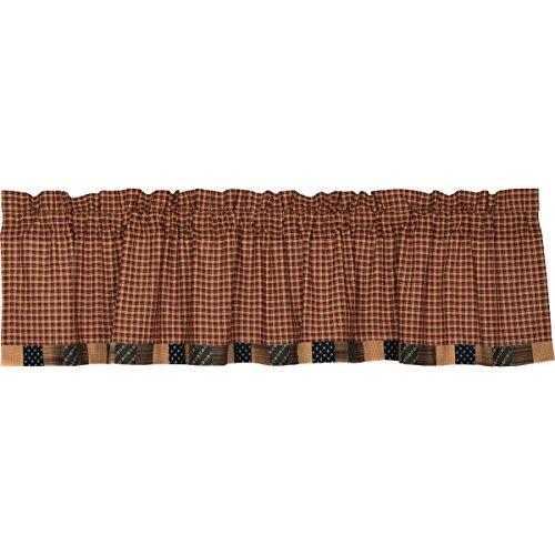 VHC Brands Patriotic Patch Block Border Valance 16x72 Country Curtain, Deep Red