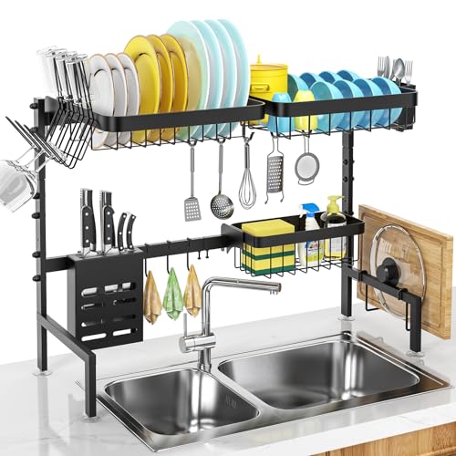 MERRYBOX Over The Sink Dish Drying Rack Adjustable Length (25-33in), 2 Tier Dish Rack Over Sink with Multiple Baskets Utensil Holder Cup Holder, Large Dish Rack for Kitchen Sink Organizer